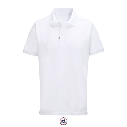 Polo made in France personnalisé PIERROT blanc en piqué de coton bio avec patte 2 boutons, vue de face