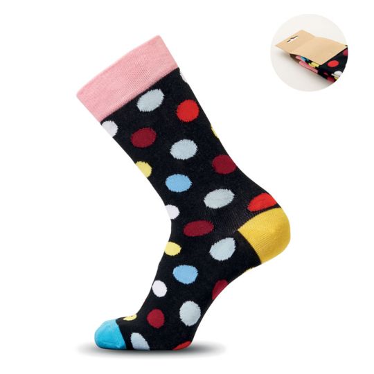 Chaussette personnalisée FUNNY L noire à pois multicolores, revers rose, talon jaune et étiquette kraft