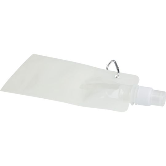 Bouteille pliable personnalisée SIPZY blanche de 480 ml posée à plat avec bouchon à vis et mousqueton métallique