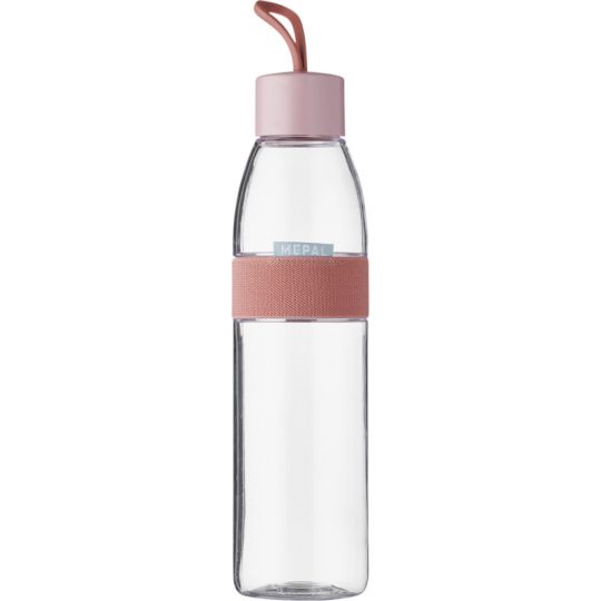 Gourde publicitaire Mepal Ellipse 700 ml transparente avec bouchon rose à boucle et bande élastique assortie