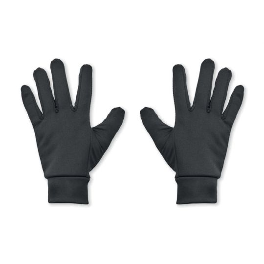 Paire de gants tactiles personnalisés noirs en polyester fin avec poignets ajustés pour le sport