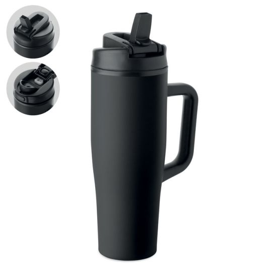 Gobelet isotherme personnalisé noir 900 ml en inox recyclé avec poignée, paille et détails du couvercle