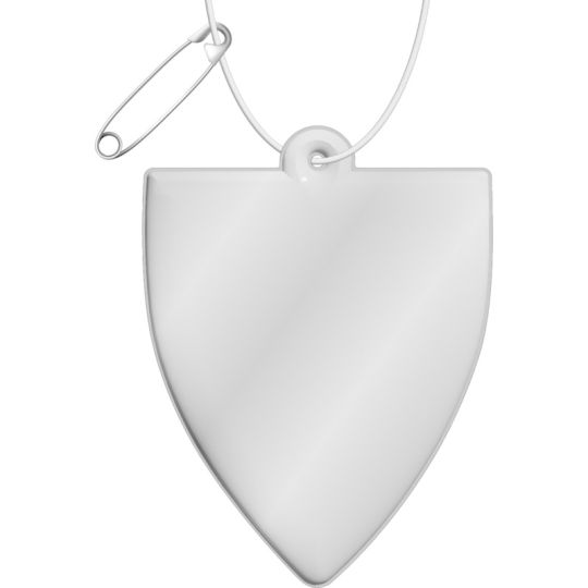 Badge réfléchissant personnalisé en forme d'écusson blanc en PVC avec cordon blanc et épingle de sûreté