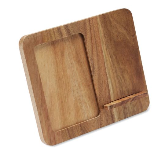 Chargeur sans fil personnalisé FINWOOD en bois d'acacia avec cadre photo encastré et rebord support téléphone