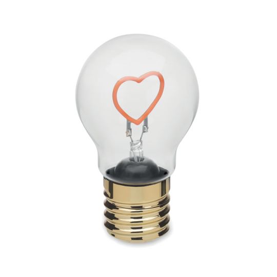 Ampoule LED publicitaire LUMIGLOW en verre avec filament en forme de cœur fuchsia et culot doré vintage