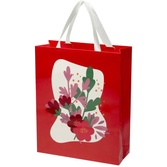 Sac papier luxe rouge pelliculé brillant avec anses en ruban blanc et motif floral imprimé