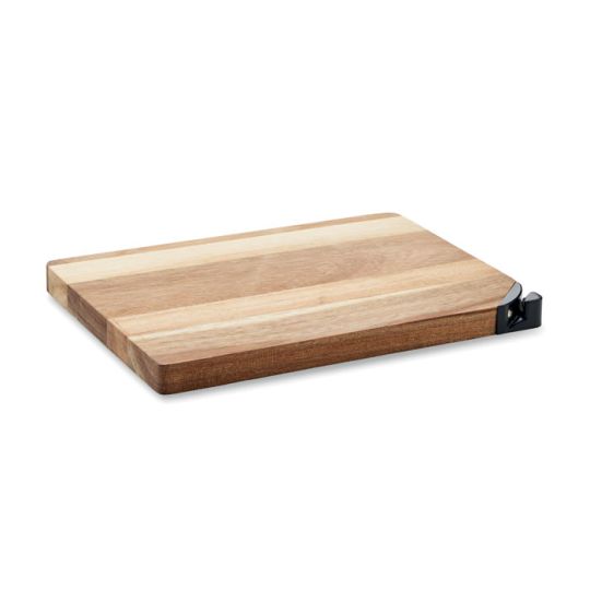 Planche à découper publicitaire en bois d'acacia veiné avec aiguiseur à couteaux noir intégré dans l'angle