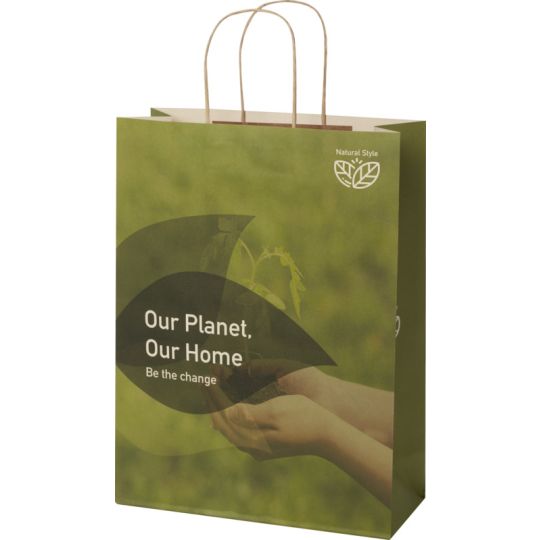 Grand sac papier publicitaire en déchets agricoles imprimé d'un visuel vert avec poignées torsadées