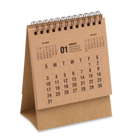 Calendrier de bureau personnalisé en papier kraft beige, format chevalet avec reliure spirale noire et grille mensuelle