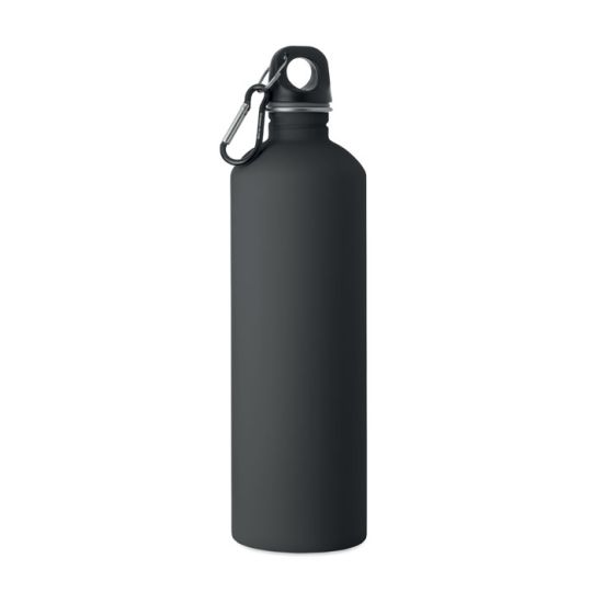 Gourde inox recyclé personnalisable REBIG MOSS SOFT 750 ml noire mate avec bouchon et mousqueton, vue de face