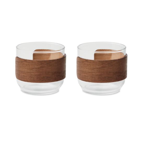 Tasse à café personnalisée en verre borosilicate transparent avec manchon en bois de noyer, set de deux tasses de 120 ml
