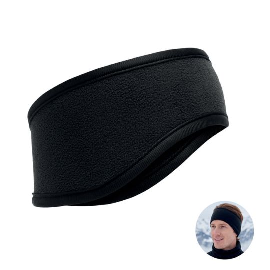 Bandeau polaire personnalisé WAVES noir à bordures velours vu de face, avec médaillon d'un homme le portant