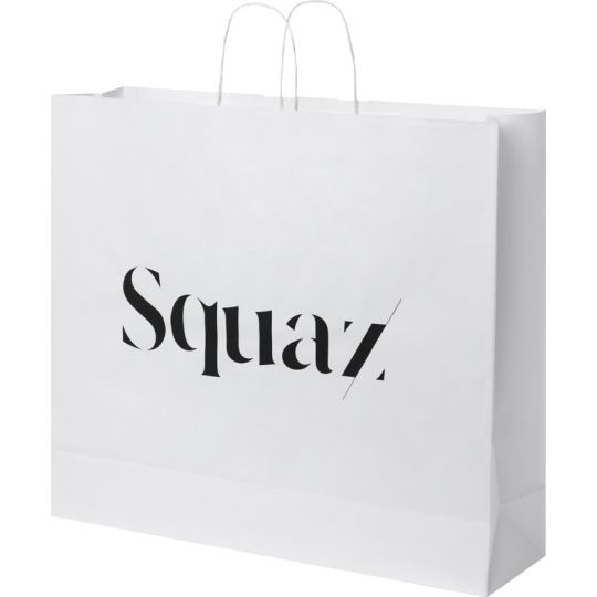 Grand sac kraft blanc personnalisé à poignées torsadées, format à l'italienne avec logo noir élégant imprimé