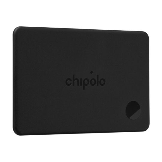 Carte traceur Chipolo CARD noir charbon au format carte bancaire avec logo embossé et pastille ronde dans un angle