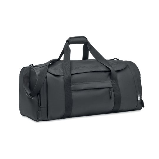 Sac de sport personnalisé noir grand format en RPET 300D avec poignées, bandoulière et poches zippées