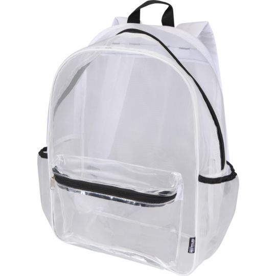 Sac à dos transparent personnalisé en maille recyclée blanche, fermetures noires et poche frontale zippée