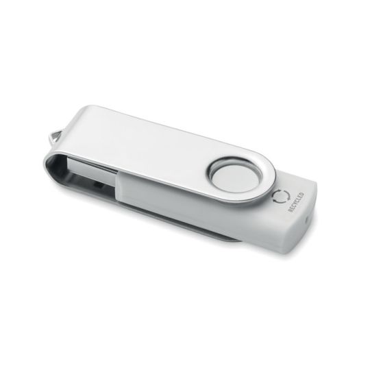 Clé USB personnalisée 16 Go blanche en ABS recyclé avec capot métallique rotatif, vue de trois quarts