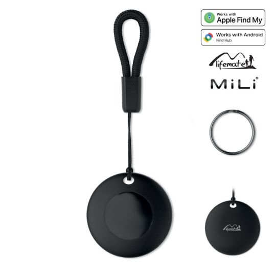Traceur porte-clés LIFEMATE noir rond avec dragonne, anneau métallique supplémentaire et logos de compatibilité