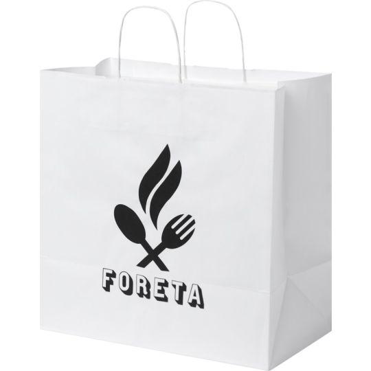 Sac kraft traiteur blanc à poignées torsadées et fond large, imprimé d'un logo noir de restaurant en façade