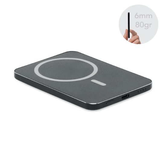 Powerbank magnétique personnalisé SLIMVOLT noir anthracite extra-plat en aluminium recyclé avec port USB-C