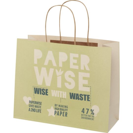 Sac en papier personnalisé en déchets agricoles blanc cassé avec poignées torsadées marron et logo imprimé