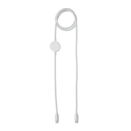 Câble de charge USB-C 60 W blanc avec chargeur de smartwatch intégré, accessoire high-tech publicitaire