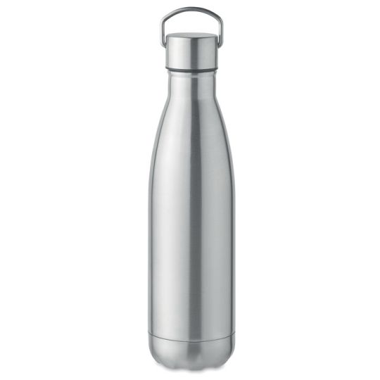 Gourde isotherme personnalisée 500 ml en inox recyclé argent mat, bouchon vissé à anse, vue de face
