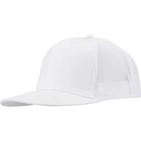 Casquette snapback personnalisée blanche à visière plate, panneau avant structuré et arrière aéré, vue de trois quarts