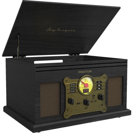 Tourne-disque personnalisé Prixton Century noir au style rétro avec grilles boisées et panneau de commande doré