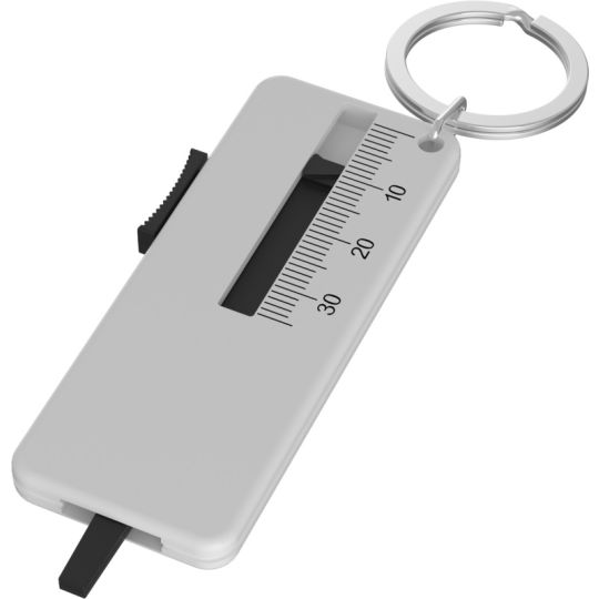 Porte-clés auto personnalisé ROVE blanc avec jauge d'usure de pneus graduée, curseur noir et anneau métallique