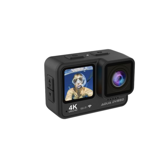 Caméra sport étanche personnalisée Prixton DV850 Aqua noire avec écran avant montrant un plongeur et objectif 4K