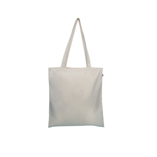 Tote bag en coton bio écru made in France vu de face, deux longues anses et petite étiquette sur le côté