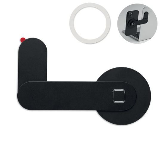 Support téléphone personnalisé SCREENTACH noir en aluminium magnétique avec anneau adhésif et smartphone fixé à un écran