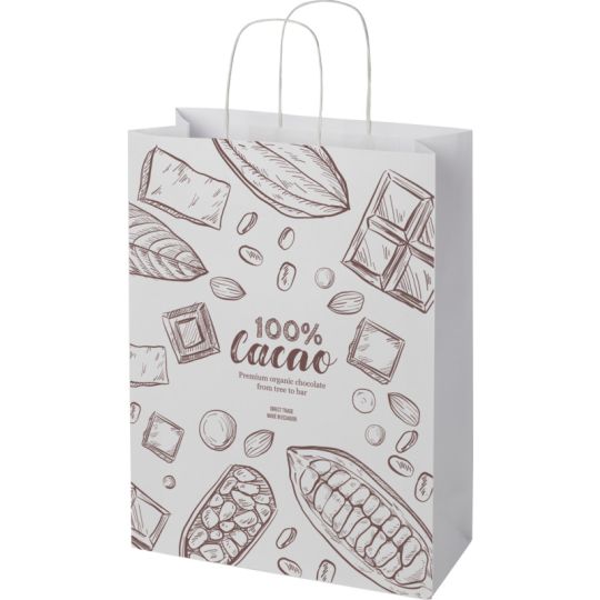 Grand sac papier kraft blanc personnalisé avec poignées torsadées et illustration cacao imprimée en brun