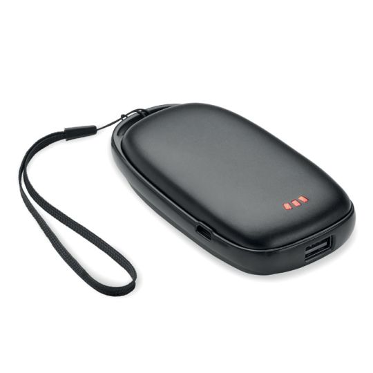 Chauffe-mains publicitaire noir en forme de galet avec batterie externe 4000 mAh, port USB-A et dragonne