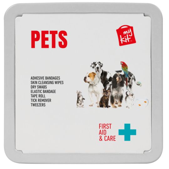 Trousse de secours animaux personnalisée en boîte métal carrée, couvercle blanc Pets avec photo de chiens et chats