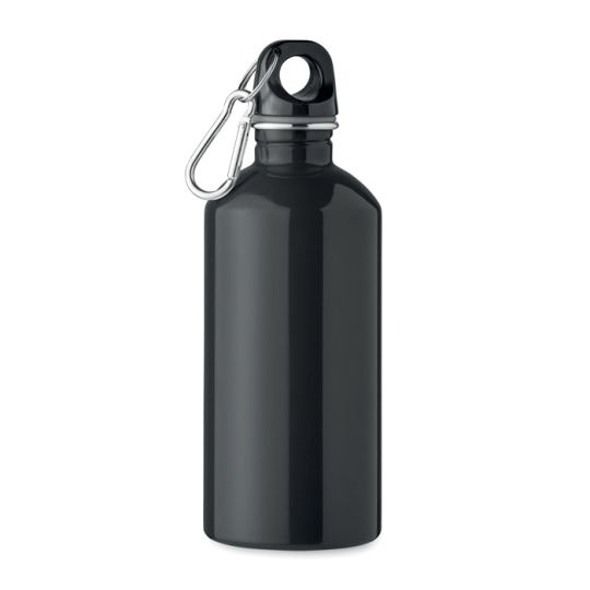Gourde inox publicitaire 500 ml noire brillante avec bouchon à boucle noir et mousqueton argenté vue de face