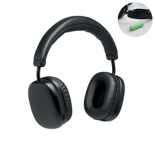 Casque audio personnalisé SYNC noir à coussinets rembourrés, avec en médaillon sa batterie remplaçable