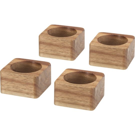 Quatre ronds de serviette carrés en bois d'acacia Napora au grain naturel alternant veines claires et foncées