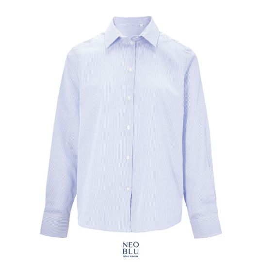 Chemise rayée femme personnalisée BAPTISTE WOMEN bleue à fines rayures, vue de face avec col italien