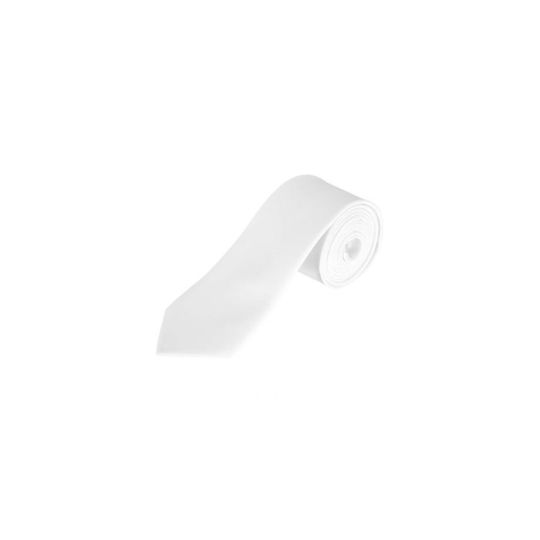 Cravate GARNER blanche en satin de polyester enroulée, pointe classique et éclat satiné sur fond blanc