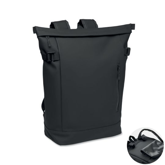 Sac à dos ordinateur personnalisé RIDE BACKPACK noir en PU hydrofuge avec rabat et compartiment 15 pouces