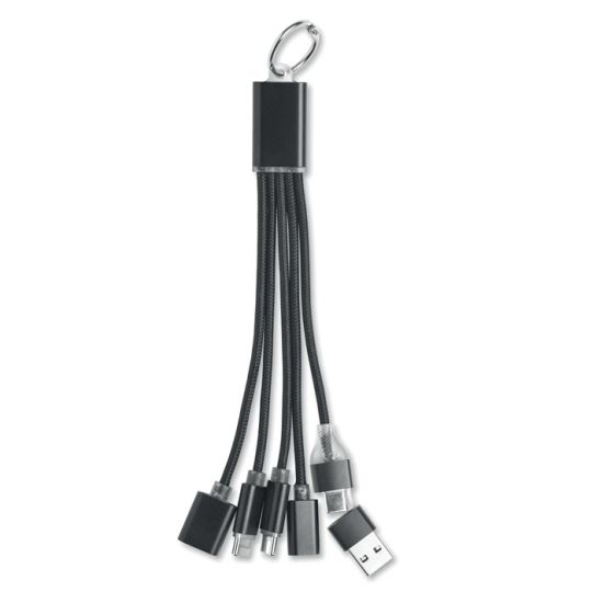 Câble de charge personnalisé noir en porte-clés avec boîtier aluminium et plusieurs connecteurs USB déployés