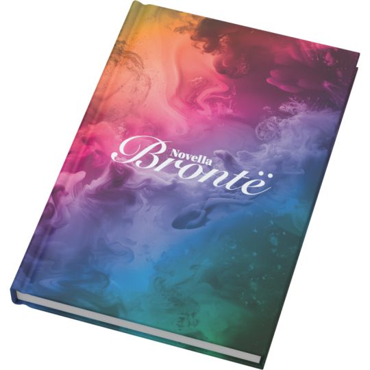 Carnet A5 Novella Brontë à couverture rigide mate imprimée de volutes rose, orange et turquoise, vue de trois quarts