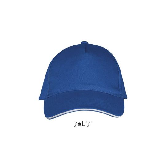 Casquette personnalisée 5 panneaux bleu royal en coton brossé, vue de face avec visière à liseré sandwich blanc
