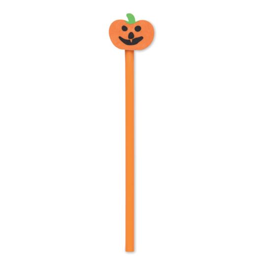Crayon personnalisé WEENPEN en bois orange surmonté d'une gomme citrouille d'Halloween souriante à tige verte