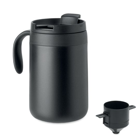 Mug isotherme personnalisé noir mat en inox double paroi avec couvercle, poignée et filtre à café réutilisable