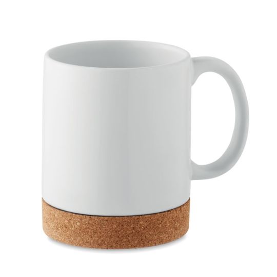 Mug céramique personnalisé blanc 280 ml avec anse et base en liège naturel, prêt pour impression sublimation