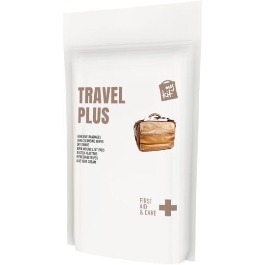 Kit premiers soins voyage personnalisé en pochette papier blanche Travel Plus avec valise illustrée