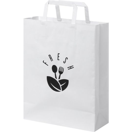 Sac kraft poignées plates personnalisé en version blanche, imprimé d'un logo noir à feuille et couverts